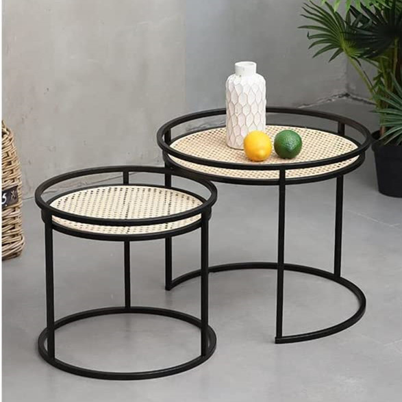 Mesa de Café Lateral Moderna de Metal Redonda com Rattan e Bambu Móveis para Casa Pequena Jardim Mesas de Chá Mesa de Cabeceira