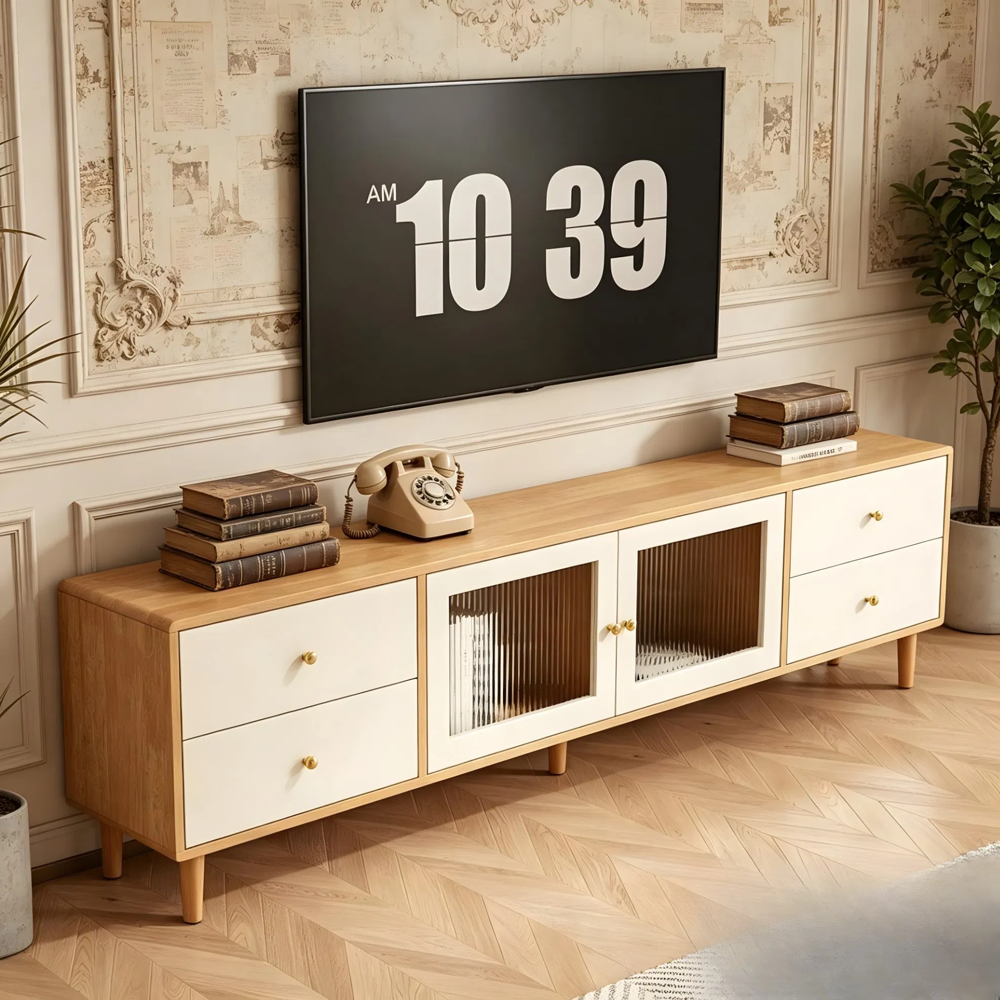Aparador de TV Branco de Tamanho Pequeno com Portas de Vidro para Móveis de Apartamento