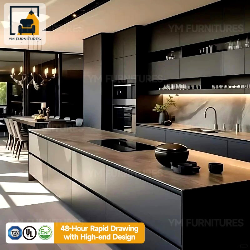 Armário de Cozinha Modular em Madeira de Luxo com Bancada de Mármore Preto para Armazenamento