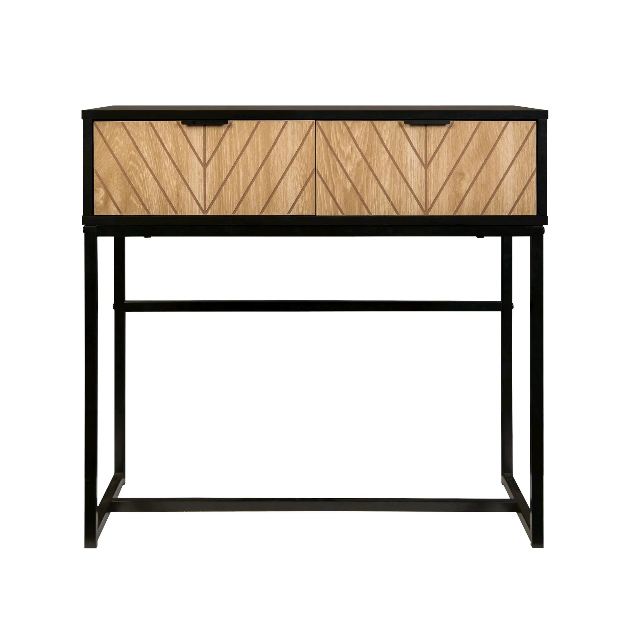 Mesa de Consola de Entrada Industrial Moderna com 2 Gavetas Aparência de Madeira Esculpida com Motivo Chevron em Metal