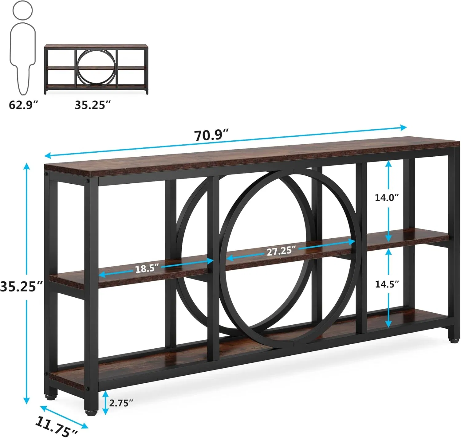 Mesa de Console Extra Longa 70.9 Polegadas Estreita Mesas de Sofá com 3 Prateleiras de Armazenamento em Madeira Estrutura de Metal Industrial para Entrada Corredor