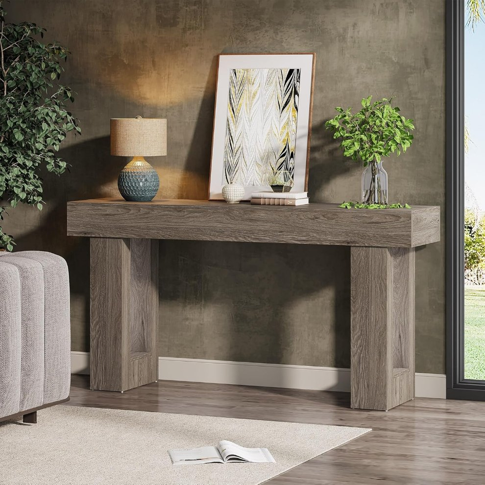63-Inch Mesa Console Longa, Mesa Retangular de Madeira para Atrás do Sofá, Mesa de Entrada Estilo Fazenda para Hall de Entrada, Sala de Estar (Cinza)
