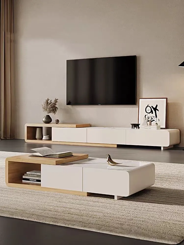Preços de fábrica de melamina a granel, conjunto moderno de mesa de TV e mesa de café em madeira