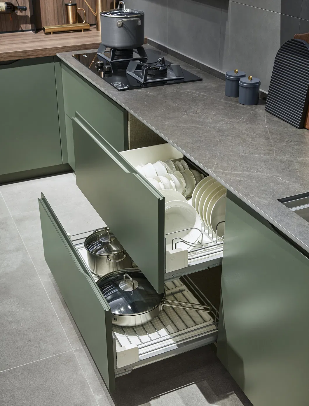 Móveis de casa elegantes e sofisticados em verde Matsuba, armário em L de madeira com armazenamento, hutch moderno em estilo americano, armários de cozinha em kit