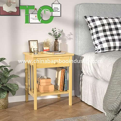 Mesa de Cabeceira de Bambu a Preço de Fábrica, Mesa Lateral com Gaveta e Prateleira Organizadora