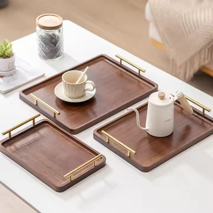 Bandeja de Madeira de Alta Qualidade com Alças de Metal Douradas para Cozinha, Mesa de Café, Jantar e Alimentos