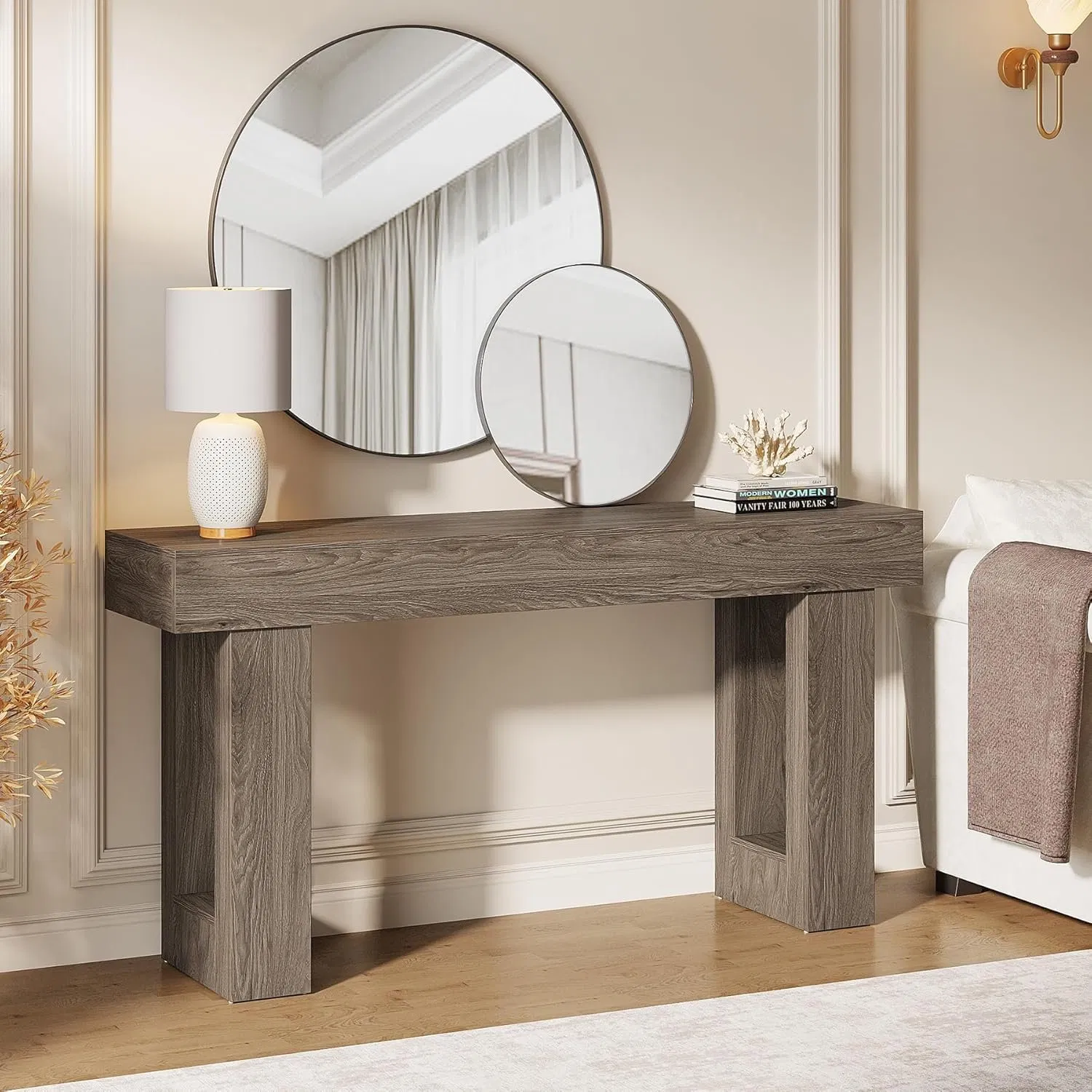 63-Inch Mesa Console Longa, Mesa Retangular de Madeira para Atrás do Sofá, Mesa de Entrada Estilo Fazenda para Hall de Entrada, Sala de Estar (Cinza)