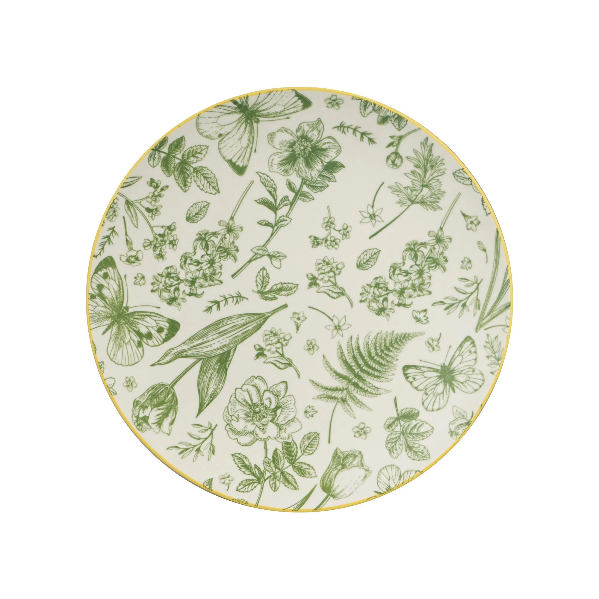 24PCS Conjunto de Louça de Cerâmica Elegante com Relevo de Folhas em Porcelana, Pratos e Tigelas em Verde Botânico com Impressão Floral em Pad para 6 Pessoas