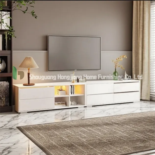Suporte de TV moderno minimalista branco personalizável em madeira com 6 armários e 2 espaço de armazenamento aberto