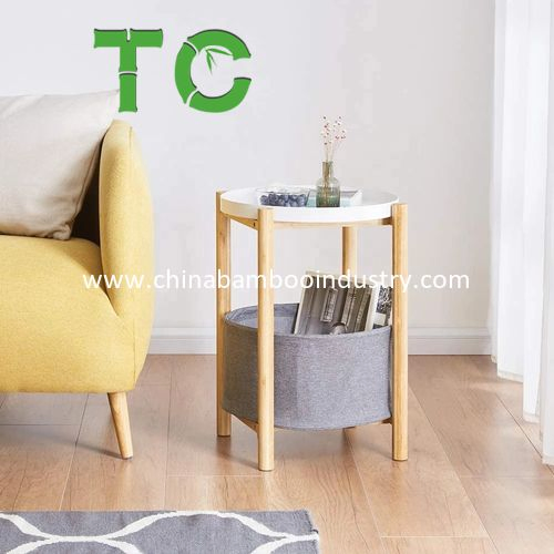 Mesa de Canto Redonda de Bambu Atacado com Cesta de Armazenamento Removível Mesa de Café Mesa Lateral Mesa de Sofá Mesa de Cama