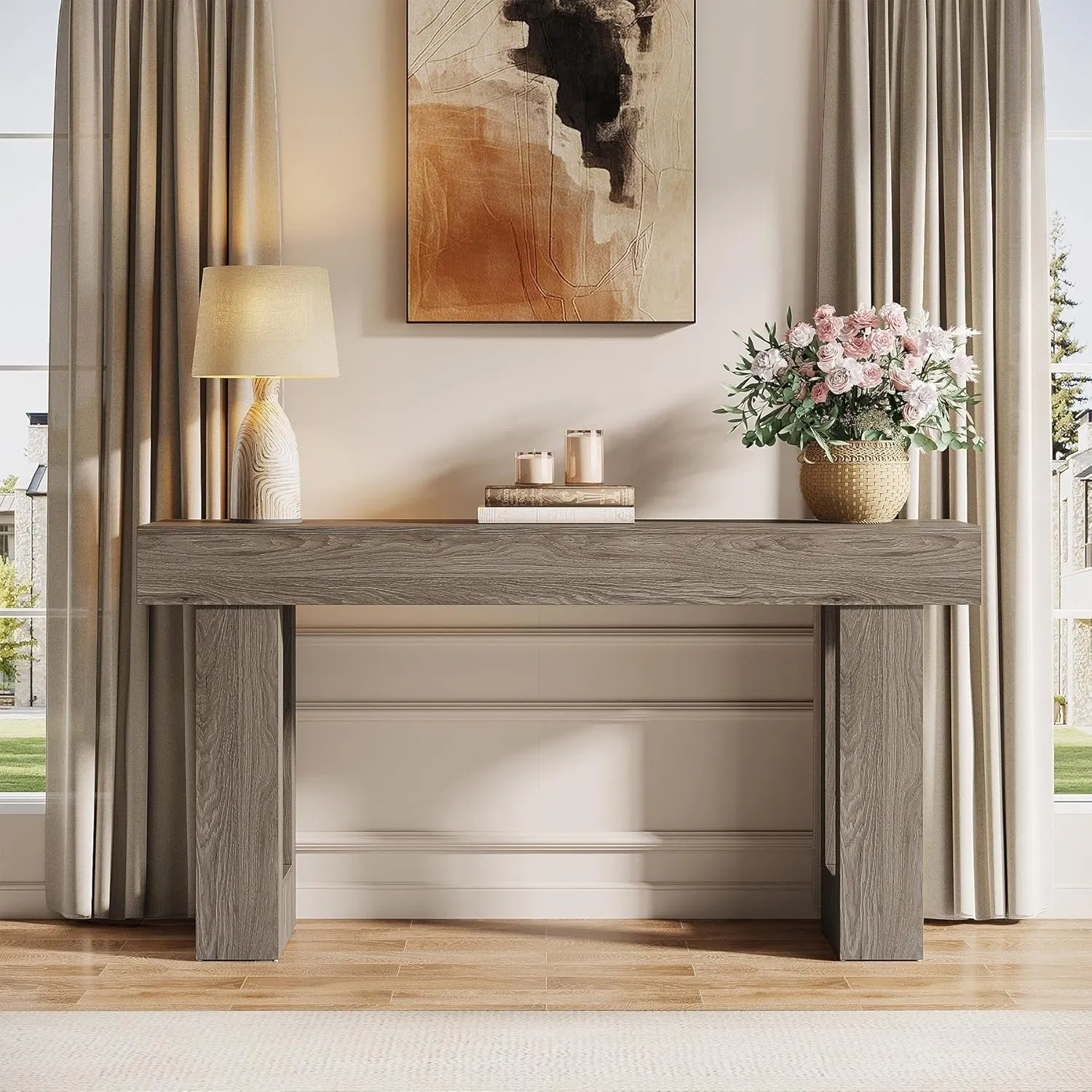 63-Inch Mesa Console Longa, Mesa Retangular de Madeira para Atrás do Sofá, Mesa de Entrada Estilo Fazenda para Hall de Entrada, Sala de Estar (Cinza)