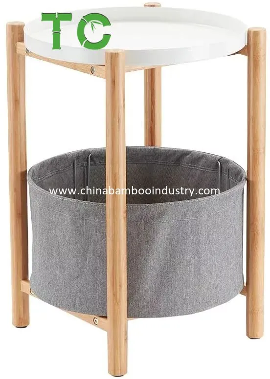 Mesa de Canto Redonda de Bambu Atacado com Cesta de Armazenamento Removível Mesa de Café Mesa Lateral Mesa de Sofá Mesa de Cama
