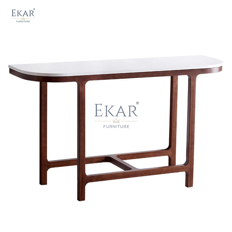 Mesa de Consola com Pé de Madeira e Topo de Mármore para Entrada Moderna ou Sala de Estar