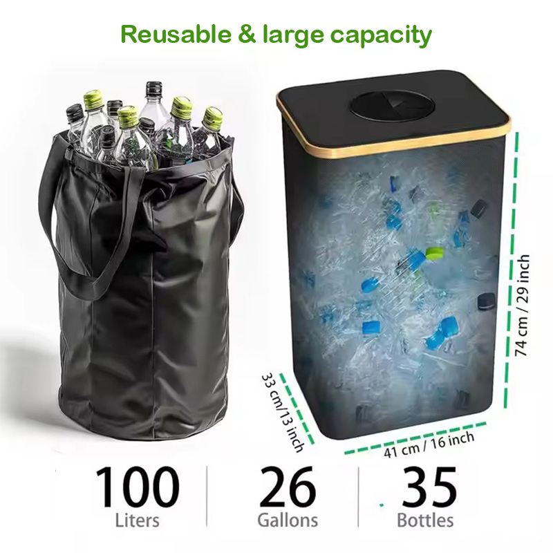 100L 26 Lixeiras de Reciclagem em Galão para Cozinha com Tampa, Saco Interno Reutilizável, Grande Cesto para Armazenamento de Garrafas e Latas