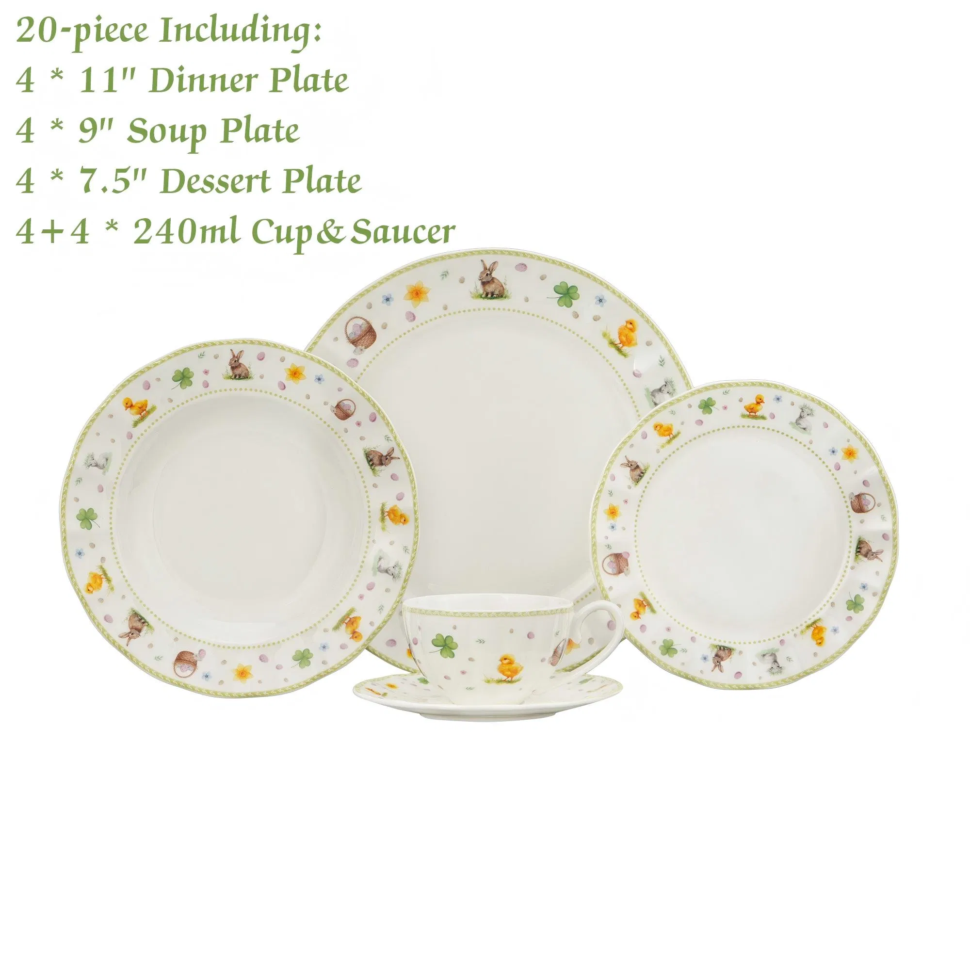 Conjunto de Louça de Porcelana de Luxo OEM ODM 20-Piece Conjunto de Pratos com Coelho da Páscoa Elegante com Xícara e Pires Conjunto de Louça de Primavera Pastel para Feriados