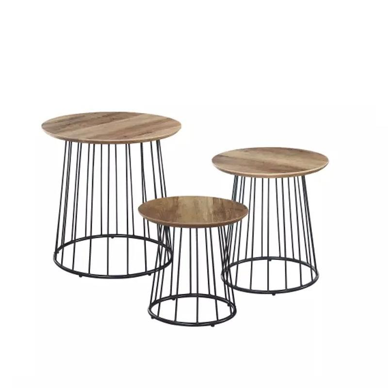 Mesa de canto lateral de café moderna com tampo de madeira e estrutura de metal