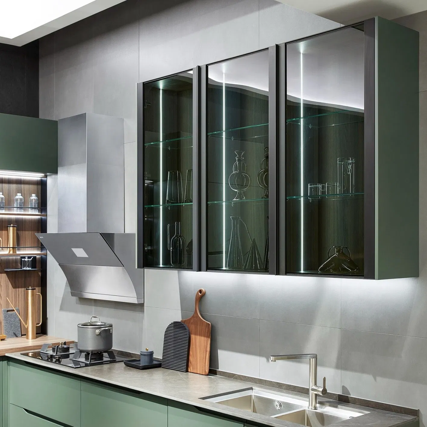 Móveis de casa elegantes e sofisticados em verde Matsuba, armário em L de madeira com armazenamento, hutch moderno em estilo americano, armários de cozinha em kit