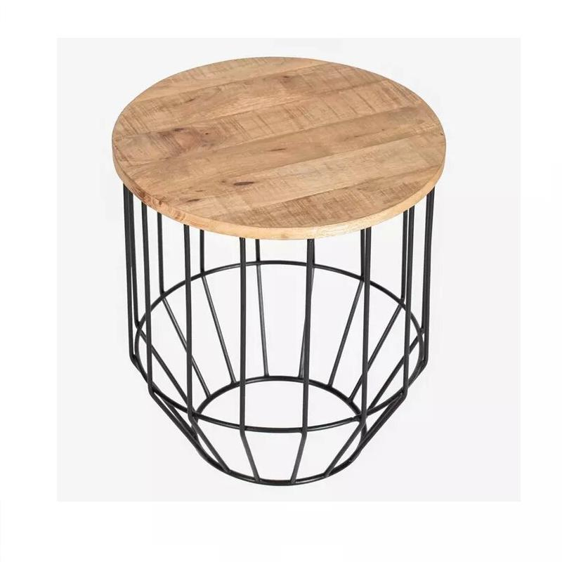 Mesa de canto lateral de café moderna com tampo de madeira e estrutura de metal