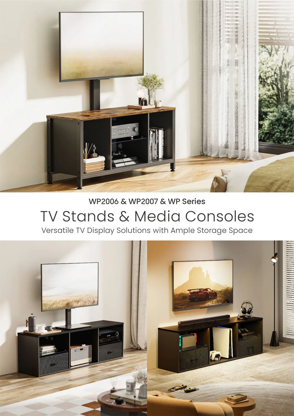 Centro de Entretenimento de Madeira para TV com Suporte de Chão OEM ODM com Montagem de TV Ajustável em Altura, Braço Giratório e Pés Niveladores