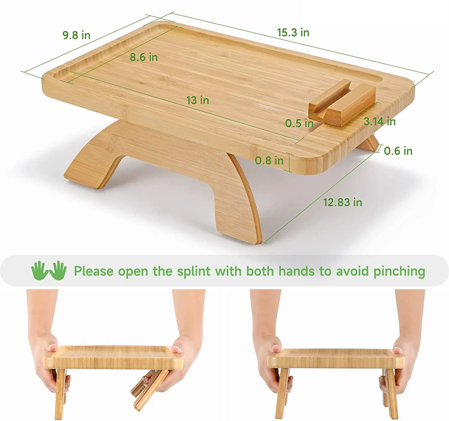 Mesa de bandeja de bambu para sofá, mesa lateral para sofás largos, bandeja dobrável para sofá com suporte rotativo para telefone, mesa de apoio para comer, bebidas e lanches