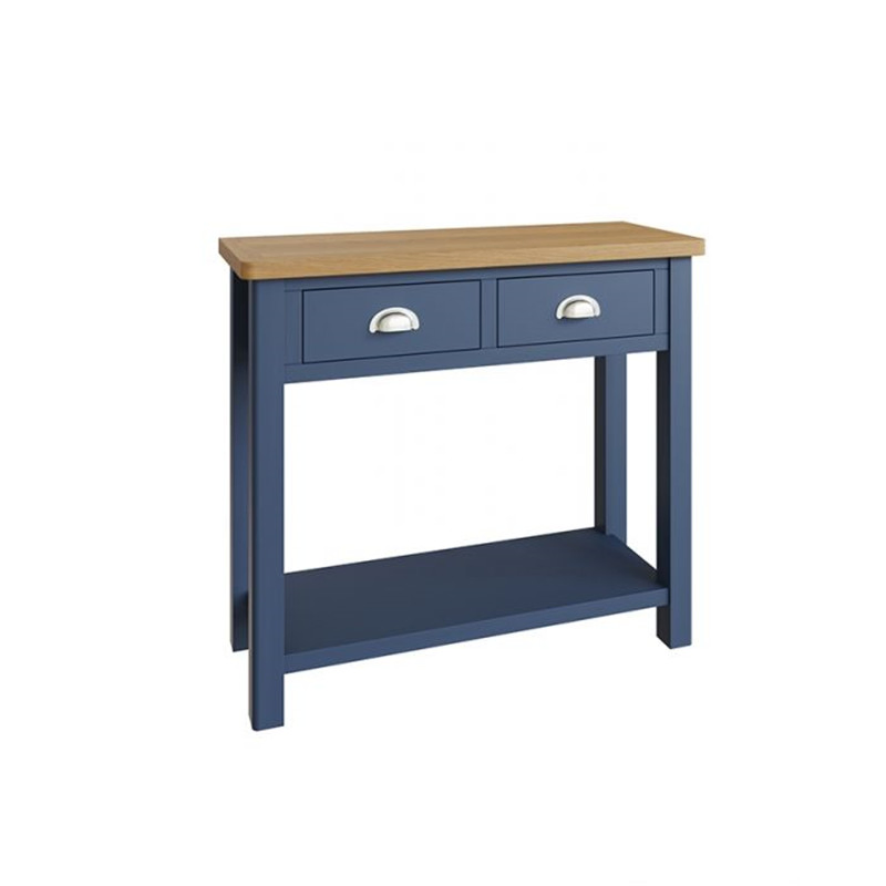 Mesa de Consola de Madeira Pintada Azul para Corredor com Entrada Estreita, Tampo de Carvalho, com 2 Gavetas de Armazenamento e Prateleira