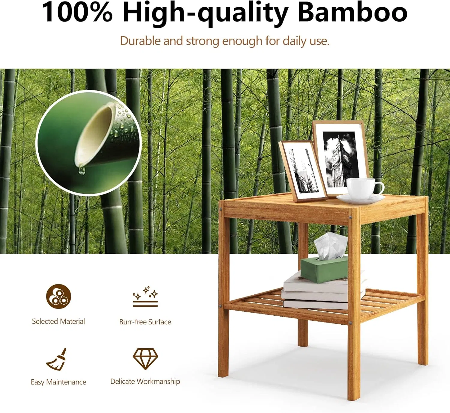 Mesa de Cabeceira de Bambu para Quarto, Sala de Estar, Mesa de Cabeceira de Bambu