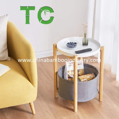 Mesa de Canto Redonda de Bambu Atacado com Cesta de Armazenamento Removível Mesa de Café Mesa Lateral Mesa de Sofá Mesa de Cama