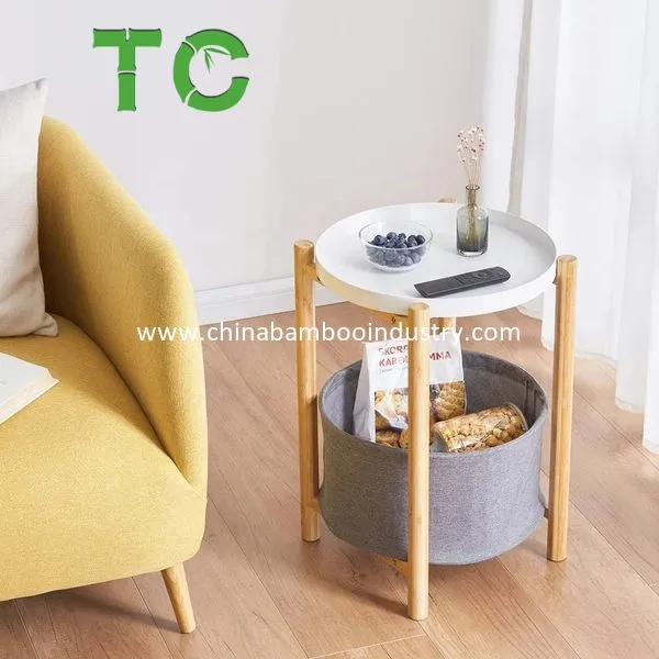Mesa de Canto Redonda de Bambu Atacado com Cesta de Armazenamento Removível Mesa de Café Mesa Lateral Mesa de Sofá Mesa de Cama