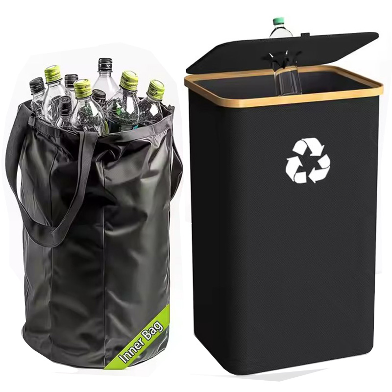 100L 26 Lixeiras de Reciclagem em Galão para Cozinha com Tampa, Saco Interno Reutilizável, Grande Cesto para Armazenamento de Garrafas e Latas