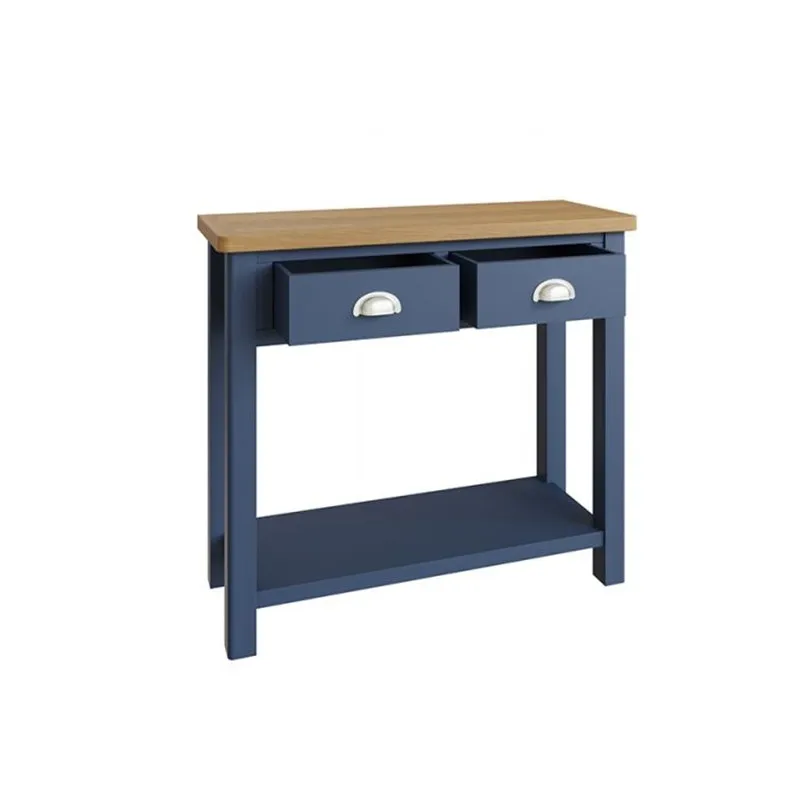 Mesa de Consola de Madeira Pintada Azul para Corredor com Entrada Estreita, Tampo de Carvalho, com 2 Gavetas de Armazenamento e Prateleira
