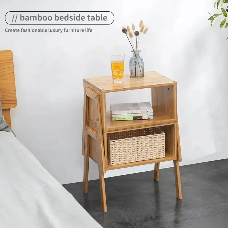 Mesa de cabeceira de bambu ecológica à venda por atacado, mesa de café empilhável, móveis para sala de estar e quarto