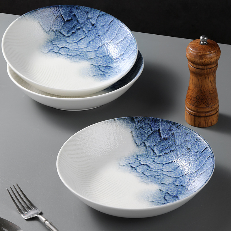 8"Coup Prato de Sopa Azul com Decalques Impressão em Pad Porcelana Cerâmica Utensílios de Mesa Utensílios de Cozinha