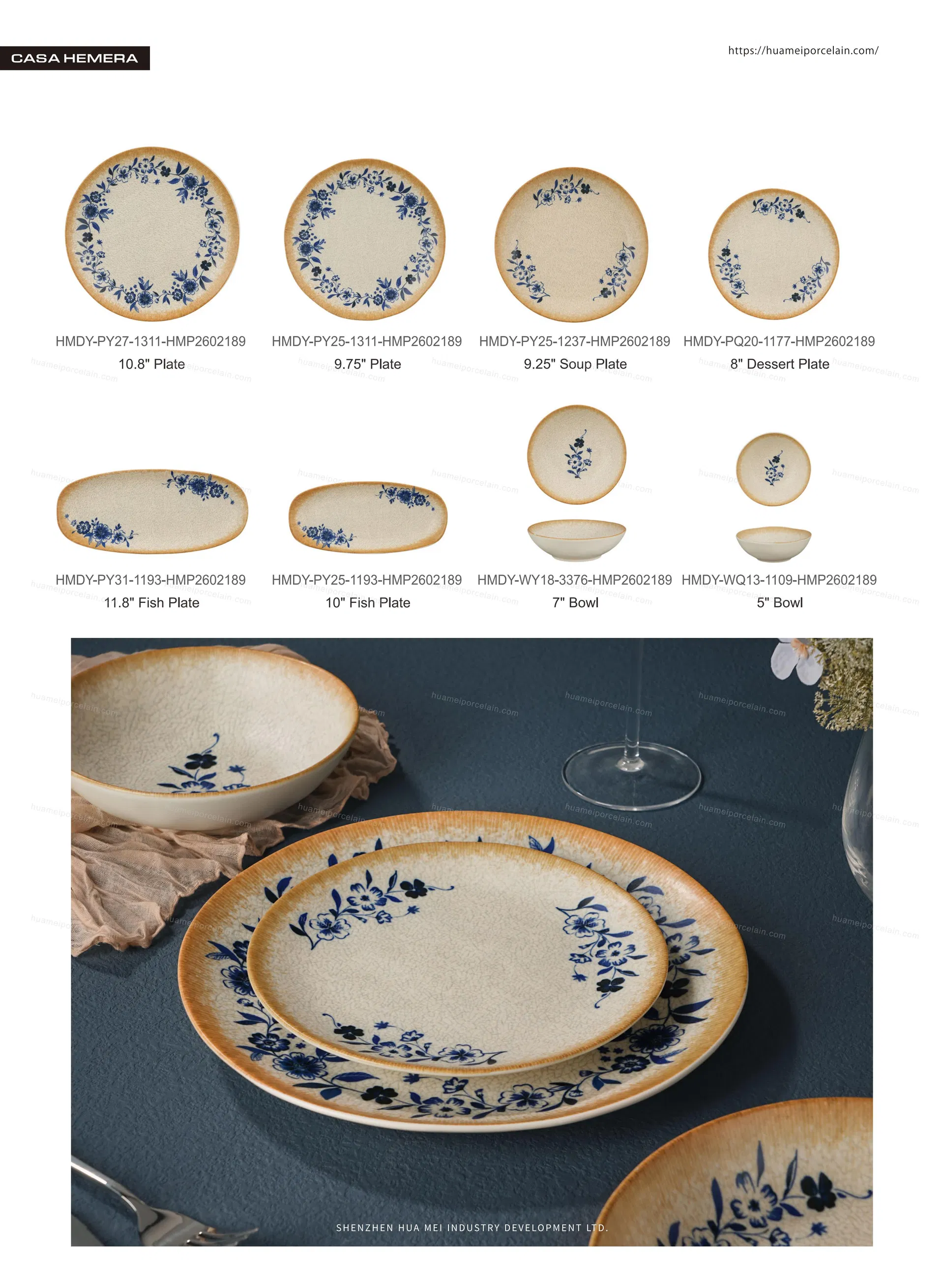 24PCS Conjunto de Louça de Cerâmica Impressa Digital com Estampa Floral Azul Rústica, Pratos e Tigelas com Efeito de Esmalte Craquelado, Utensílios de Mesa