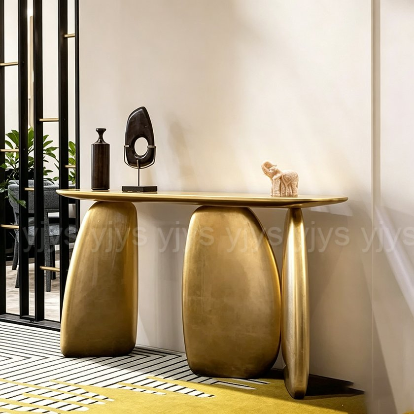 Mesa de Consola em Folha de Ouro de Designer Italiano, Mesa de Acento Moderna em Madeira Sólida para Entrada, Mesa de Luxo para Hall de Entrada
