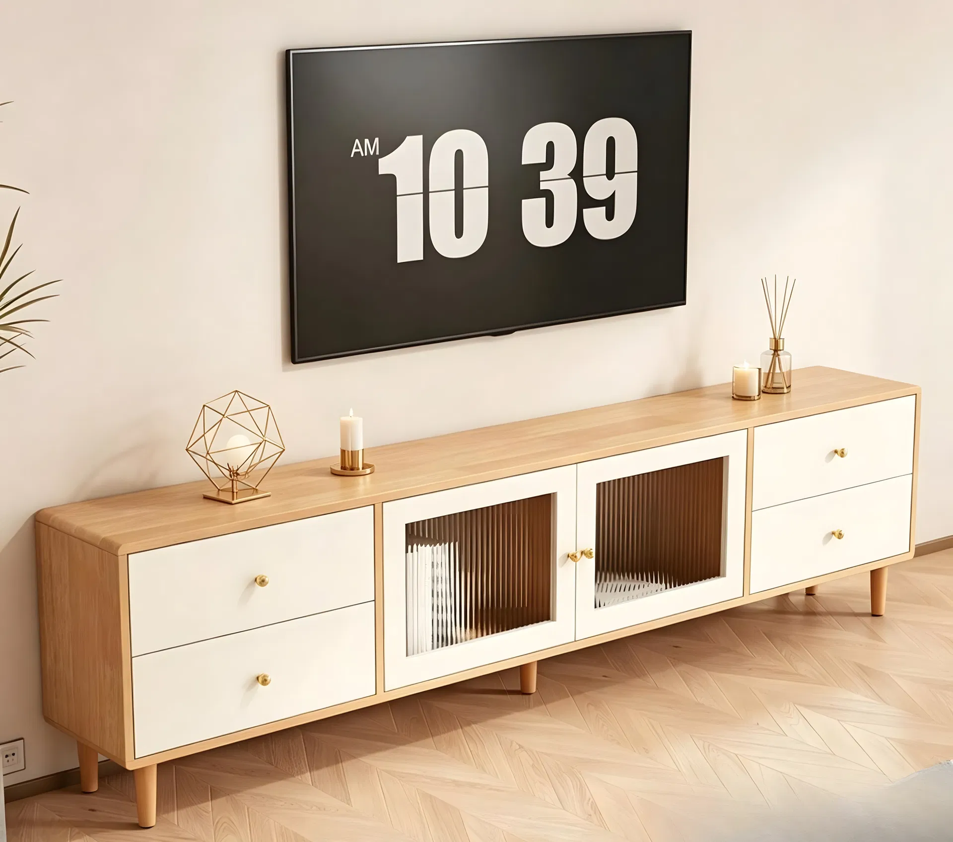 Aparador de TV Branco de Tamanho Pequeno com Portas de Vidro para Móveis de Apartamento