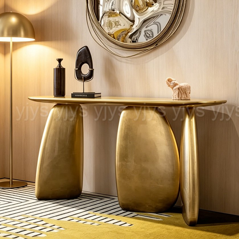 Mesa de Consola em Folha de Ouro de Designer Italiano, Mesa de Acento Moderna em Madeira Sólida para Entrada, Mesa de Luxo para Hall de Entrada