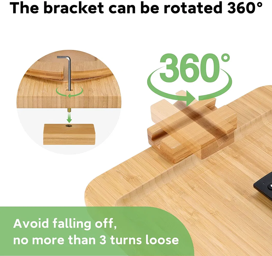 Mesa de bandeja de bambu para sofá, mesa lateral para sofás largos, bandeja dobrável para sofá com suporte rotativo para telefone, mesa de apoio para comer, bebidas e lanches