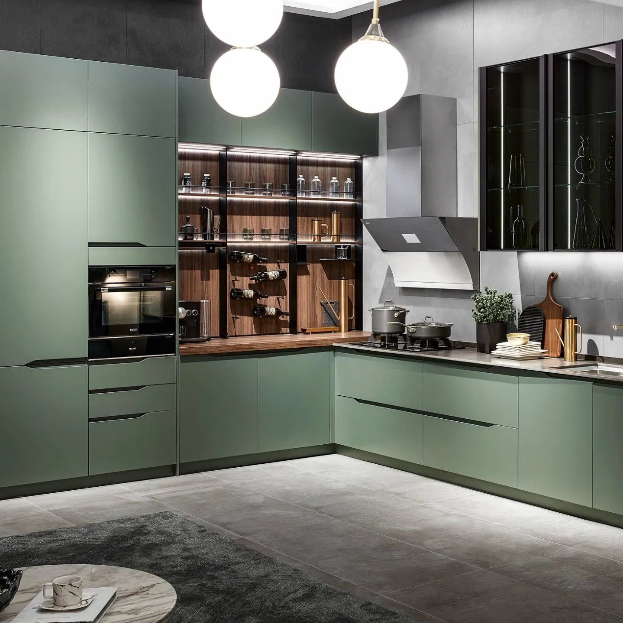 Móveis de casa elegantes e sofisticados em verde Matsuba, armário em L de madeira com armazenamento, hutch moderno em estilo americano, armários de cozinha em kit