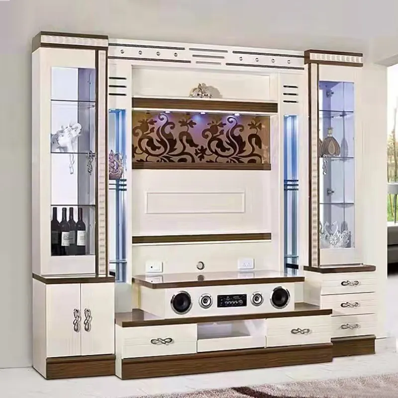 Armário de TV moderno de madeira montado na parede, móvel console para sala de estar, exibição em vidro, suporte para TV de madeira sólida