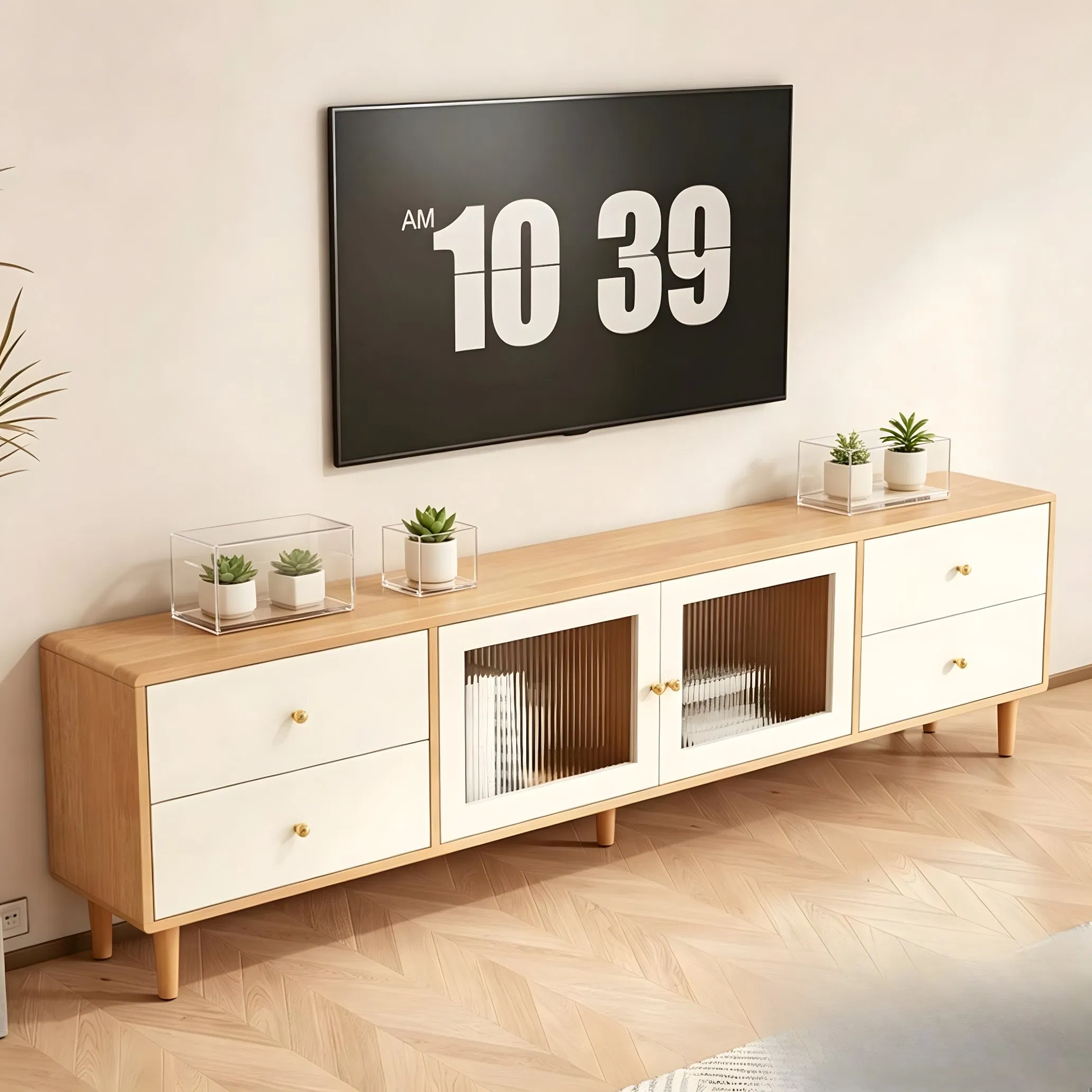 Aparador de TV Branco de Tamanho Pequeno com Portas de Vidro para Móveis de Apartamento