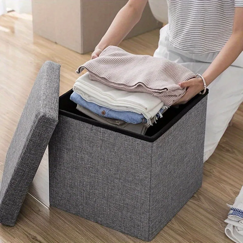 Pufe promocional multifuncional cinza dobrável com armazenamento e assento acolchoado para decoração