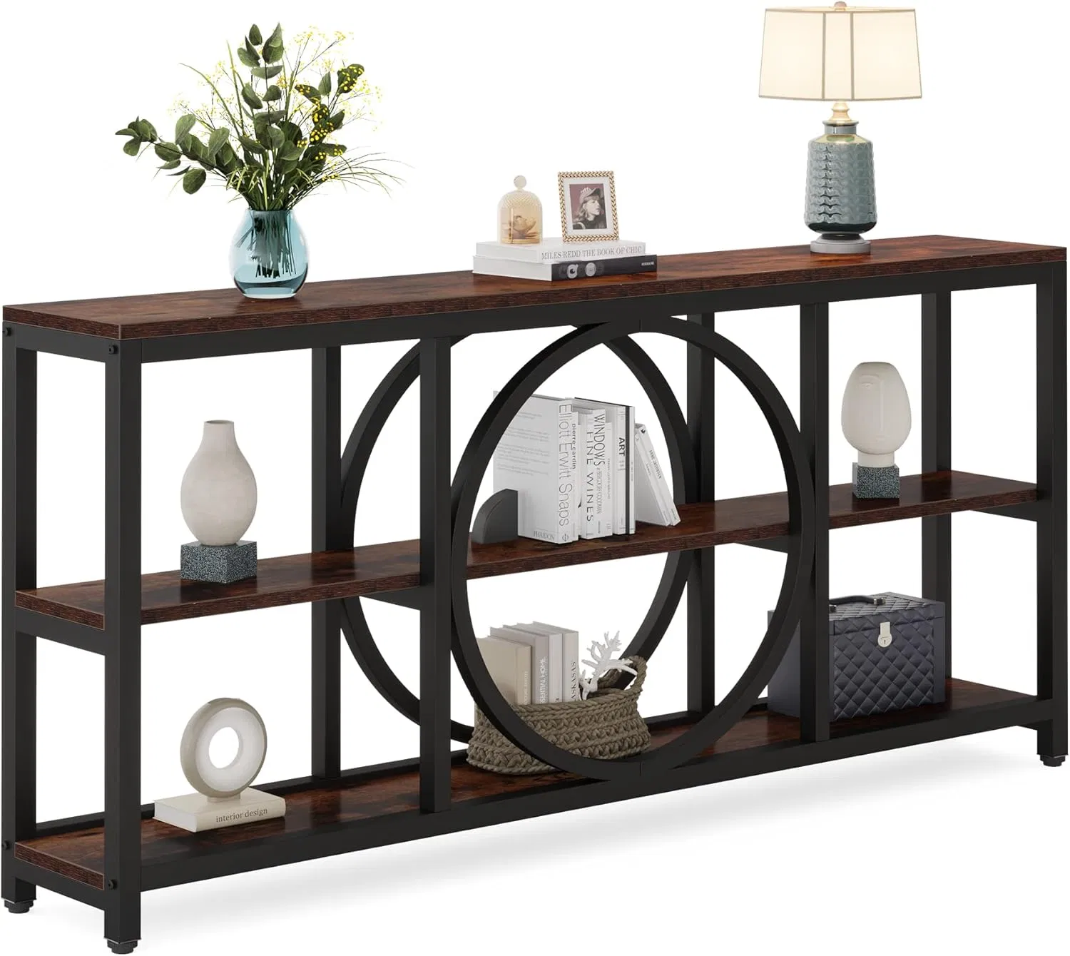 Mesa de Console Extra Longa 70.9 Polegadas Estreita Mesas de Sofá com 3 Prateleiras de Armazenamento em Madeira Estrutura de Metal Industrial para Entrada Corredor