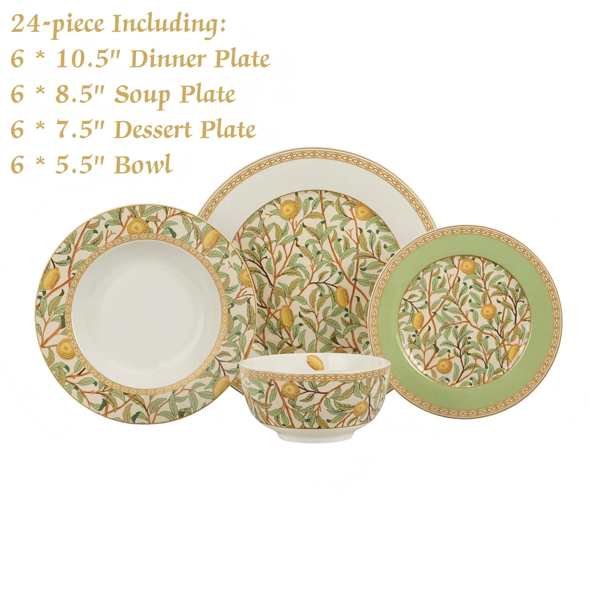 Conjunto de Louça de Cerâmica Mediterrânea com Limão 24PCS Estilo Italiano Pratos e Tigelas Botânicos de Porcelana Conjunto de Louça Amarelo Fruta Folha Verde para 6
