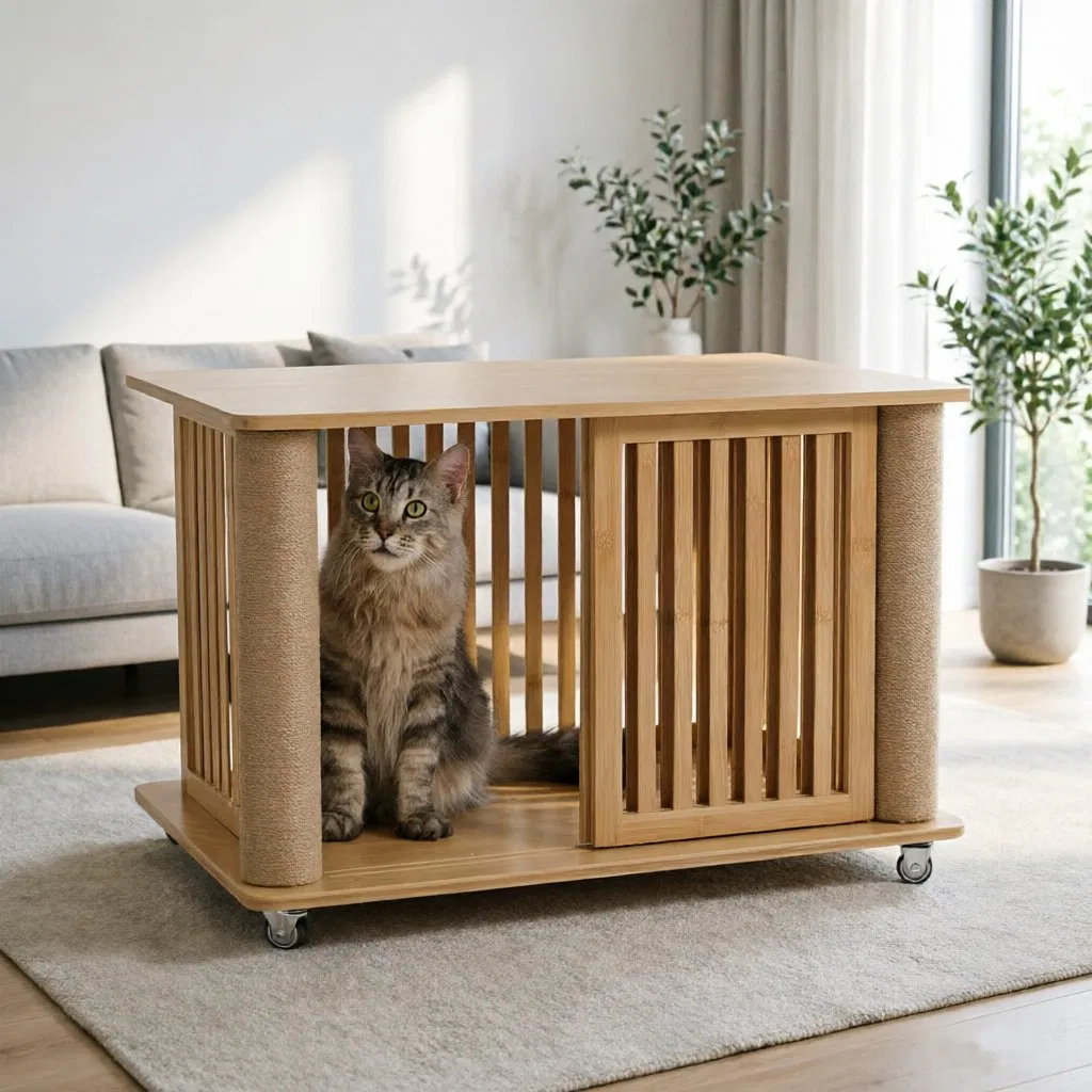 Mesa de Café de Bambu de Dois Andares Multi Funcional para Sala de Estar, Refúgio Oculto para Gato e Cachorro, Mesa Lateral