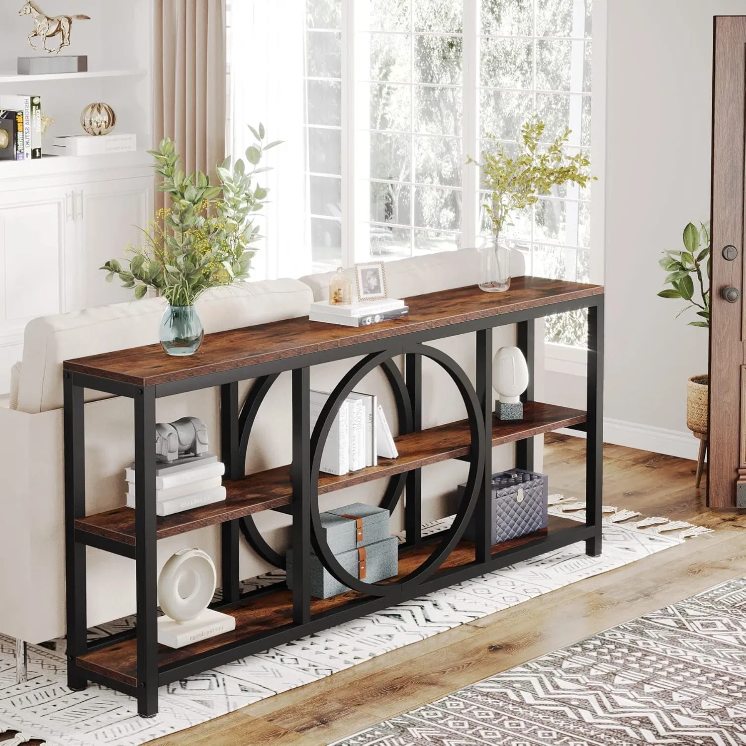Mesa de Console Extra Longa 70.9 Polegadas Estreita Mesas de Sofá com 3 Prateleiras de Armazenamento em Madeira Estrutura de Metal Industrial para Entrada Corredor