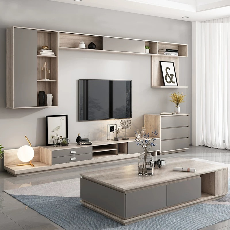 Preços de fábrica de melamina a granel, conjunto moderno de mesa de TV e mesa de café em madeira