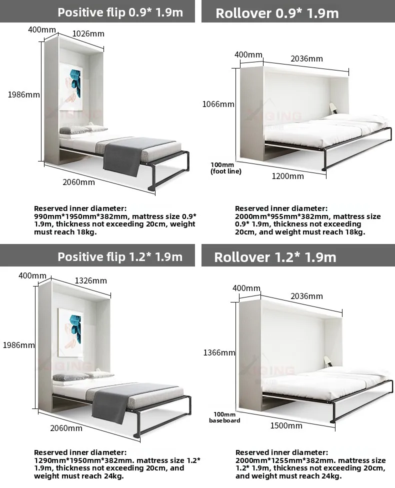 Camas Murphy de pernas sólidas, prontas para uso, com acessórios de estrutura de cama, design invisível