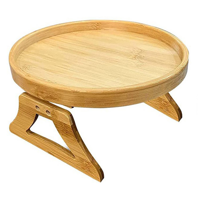 Bandeja de Braço de Sofá de Madeira de Bambu Dobrável, Mesa Lateral Clip-on para Chá, Lanches e Bebidas, Bandeja com Clip Personalizável para Sala de Estar