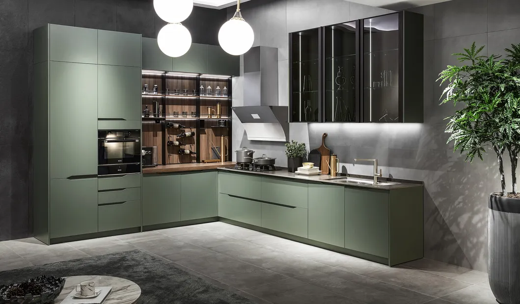 Móveis de casa elegantes e sofisticados em verde Matsuba, armário em L de madeira com armazenamento, hutch moderno em estilo americano, armários de cozinha em kit