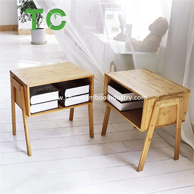 Mesa Lateral Empilhável de Bambu Natural para Atacado, Mesa de Cabeceira, Mesa de Sala de Estar, Criado-Mudo